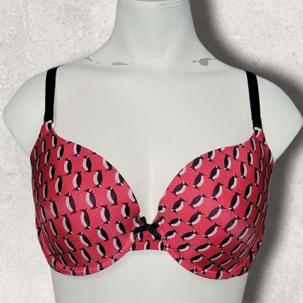 VICTORIA'S SECRET RED PENGUIN PRINT DEMI UNDERWIRE BRA, SIZE 36C